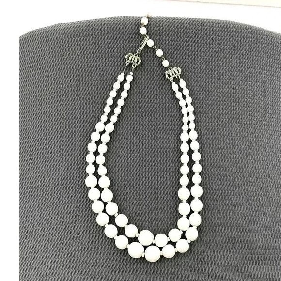 VTG Hobe White Glass Bead Necklace Layered Signed 16" 1960's Rare - Picture 3 of 15